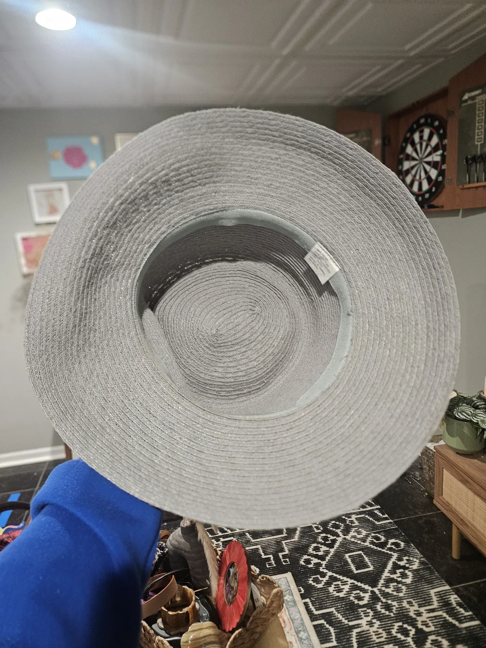 Wide Brim Hemp Blend Sun Hat Gray Plaid Band Lightweight Resort Boho - Picture 6 of 13